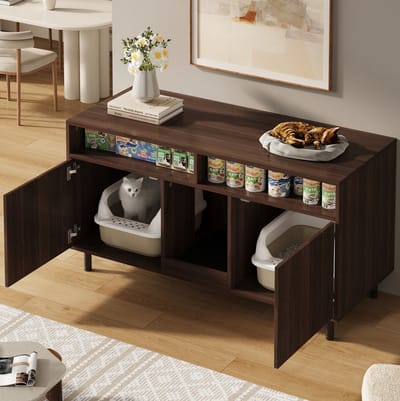 MIVRAY Kattenbakcontainer - Dubbele Deuren Met Zandopvangmat En Opbergruimte - Voor Woonkamer En Hal - Houtlook Walnoot - 120x50x66 Cm