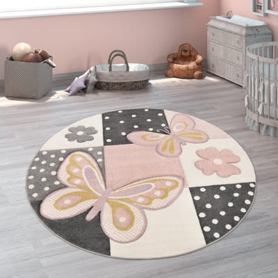 Paco Home Kindervloerkleed Kinderkamer Meerkleurig Roze Vlinders Ruitpatroon Stippen Bloemen Ø 160 cm Rund
