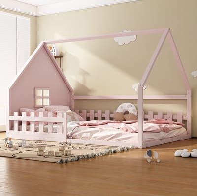 Flatbed, 140*200 cm, kinderbed, veiligheidshekje, reling, grenenhout, roze