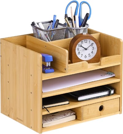 Bamboe Houten Bureau Organiser – Bureaukastje van Hout – 33 x 24 x 26 cm – Voor Kantoorartikelen en Brieven – Met 1 Lade