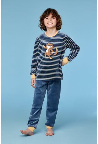 Woody pyjama jongens/heren velours - antraciet/geel gestreept - kat - 252-10-PLC-V/916 - maat 128