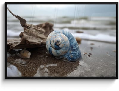 Poster in lijst - Fotolijst 120x80 cm - Posters - Schelp - Strand - Blauw - Zee - Posterlijst zwart - Decoratie - Wanddecoratie woonkamer - Muurdecoratie slaapkamer