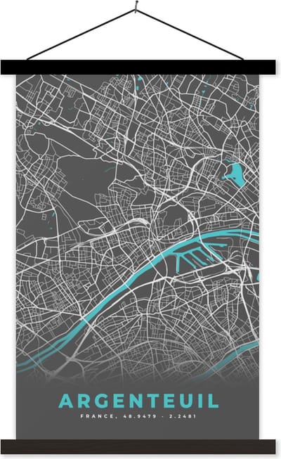 Posterhanger incl. Poster 40x60 cm - Schoolplaat - Argenteuil - Frankrijk - Plattegrond - Stadskaart - Kaart - Textielposter - Zwarte latten - Stadskaart