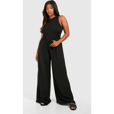 boohoo Dames Plus Geweven Broek met Trekkoord en Wijde Pijpen | Black | Maat: 22