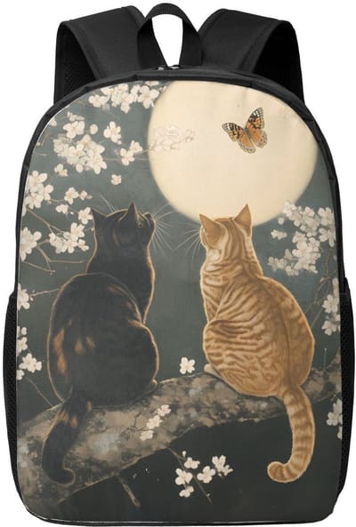 Katten Rugzak | Kattenpatroon Rugtas | Kat met Maan Rugzak | Maan Rugzak | Gave Rugzak | Dieren Rugzak | Rugzak Meisjes | Rugzak Jongens | Mooie rugzakken met katten | 15 - 20 liter | Kinder Rugzak