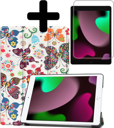 Hoes - Geschikt voor Apple iPad 9 (2021) - 10.2 inch - 9e Generatie - Met Screenprotector - Trifold Bookcase - Hard Cover - Hardcover Book Case - Tablet Hoesje - Vlinders