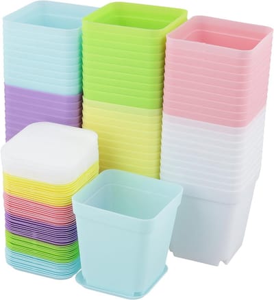 Set van 60 Vierkante Plastic Plant Potten met Trays voor Vetplanten, Zaailingen en Stekken - Kleurrijke Kwekerij Potten voor Groene Thumbs