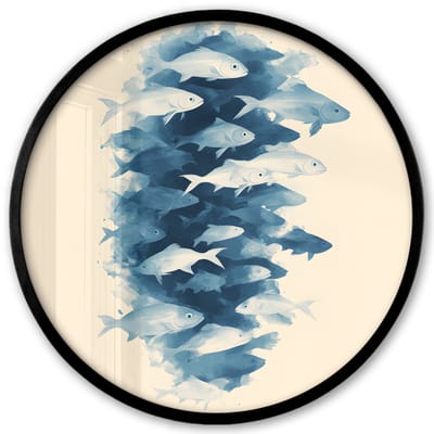 Poster in lijst Rond - Fotolijst 40x40 cm - Posters - Vissen - Minimalistisch - Blauw - Ronde posterlijst zwart - Decoratie - Wanddecoratie woonkamer - Muurdecoratie slaapkamer