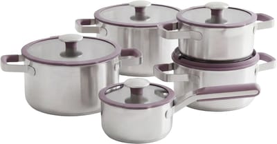 BergHOFF Home Elements Pannenset 10-delig – Luxe RVS Kookset – Steelpan 16cm & Kookpotten 18/20/24/26cm met Glazen Deksels – PFAS-vrij & Inductie – Aubergine