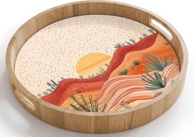 Dienblad rond 40x40 cm - Schootdienblad hout - Landschap - Heuvels - Zonsondergang - Borrelplank rechthoek - Plateau houten dienbladen