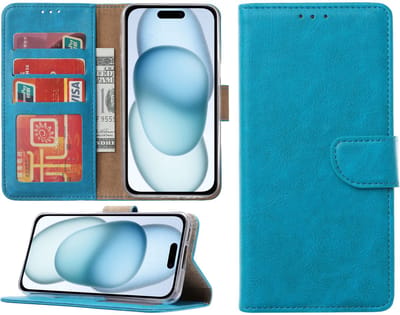 Hoesje Geschikt voor iPhone 15 Plus – portemonnee bookcase met pasjeshouder – Blauw