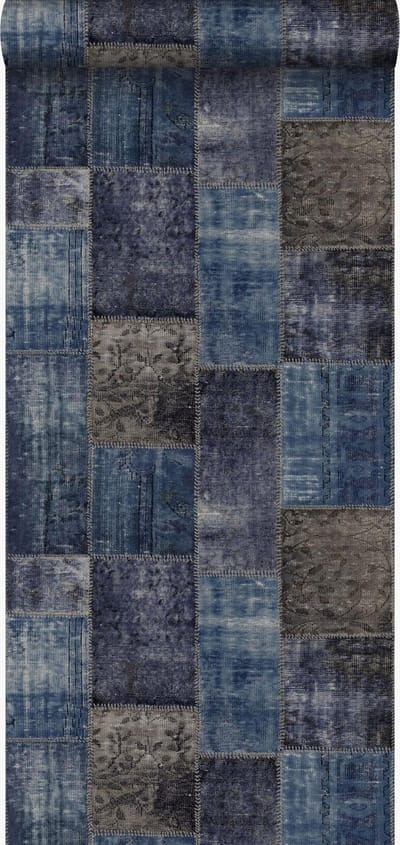 Origin Wallcoverings behang kelim patchwork taupe en blauw - 53 cm x 10.05 m - 347466