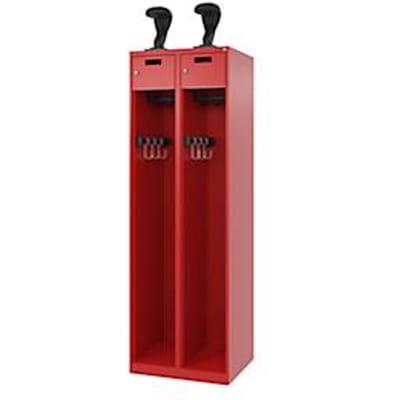 Brandweerkluis C+P Evolo PRAKTUS, 2 vakken, helmhouder, met sokkel, vloerglijders, B 600 x D 500 x H 1850 mm, RAL 3000 vuurrood