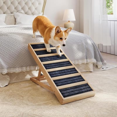 Honden Oprit - Huisdier Ladder - Veilig Instappen - Verstelbaar & Opvouwbaar - Tot 61cm Hoog - Houtkleur