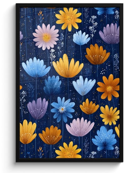 Poster in lijst - Fotolijst 60x90 cm - Posters - Bloemen - Patroon - Blauw - Contrast - Posterlijst zwart - Decoratie - Wanddecoratie woonkamer - Muurdecoratie slaapkamer