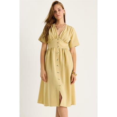 V-hals Knop Midi Shirt Jurk