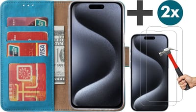 Hoesje met 2 Stuks Screenprotectors Geschikt voor iPhone 15 Pro Max – Arara bookcase met pasjeshouder - Blauw