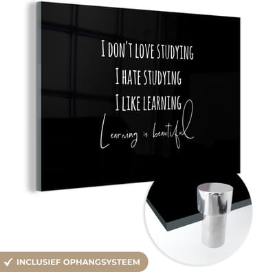 MuchoWow® Glasschilderij 120x80 cm - Schilderij acrylglas - Quote - Studeren - Liefde - Foto op glas - Schilderijen