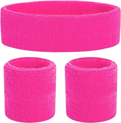 3 in 1 zweetband roze set met hoofdband - als accessoire mul kostuum voor retro neon 80s 90s carnaval & carnaval