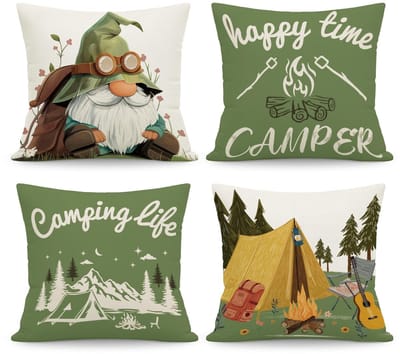 Dailygoods- Kussenhoezen Set van 4 - Decoratieve Kussenhoezen 45 x 45 cm - Linnen - Gnoom Camping Motief - Verborgen Ritssluiting - Machinewasbaar - Kussenslopen