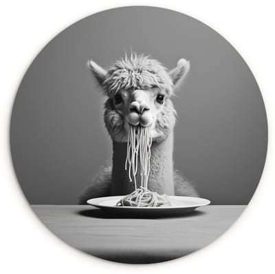 WallCircle® Wandcirkel 30x30 cm - Muurcirkel Alpaca - Pasta - Zwart - Wit - Grappig - Dieren - Muurdecoratie woonkamer - Wanddecoratie keuken - Kamer decoratie accessoires - Ronde schilderijen