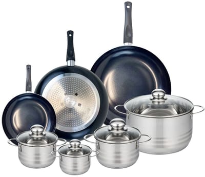 Set van 3 Kookpannen 20, 28 en 32 cm en 4 braadpannen 12, 14, 16 en 24 cm Elo Prima Glanzend