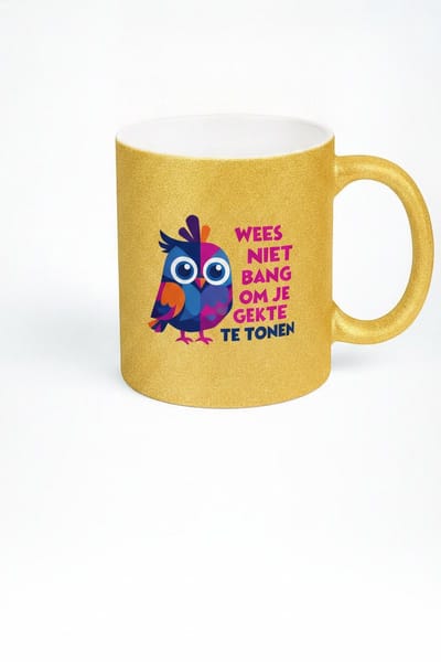Grappige Mok met Tekst 'Wees Niet Bang Om Je Gekte Te Tonen' – Kleurrijke Uil – Glitter Mok Goud – Cadeau Vriendin Collega – Keramiek 330 ml