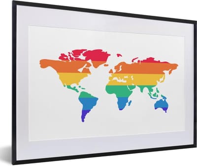 Poster in lijst - Fotolijst 60x40 cm - Posters - Wereldkaart - Pride vlag - Regenboog - Posterlijst zwart - Decoratie - Wanddecoratie woonkamer - Muurdecoratie slaapkamer