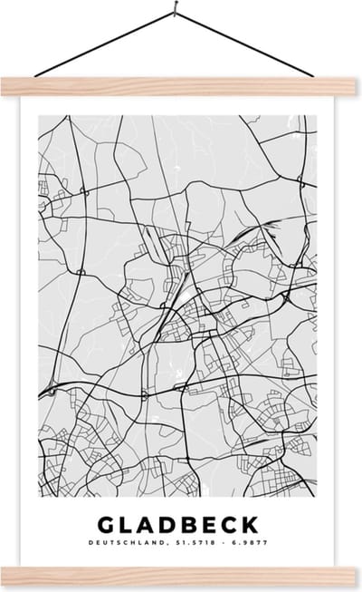 Posterhanger incl. Poster 40x60 cm - Schoolplaat - Plattegrond - Duitsland - Gladbeck - Stadskaart - Kaart - Textielposter - Blanke latten - Stadskaart