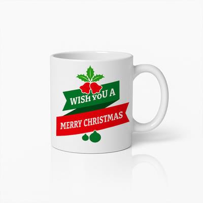 “Wish You a Merry Christmas” Kerstmok – Feestelijk Kerstlint Ontwerp – 330 ml Witte Koffiebeker voor de Feestdagen