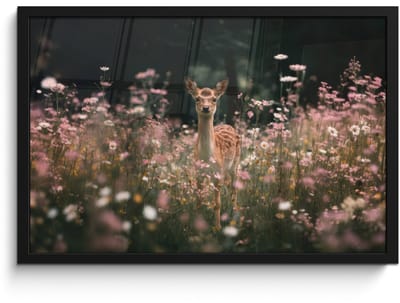 Poster in lijst - Fotolijst 60x40 cm - Posters - Hert - Wilde bloemen - Bos - Posterlijst zwart - Decoratie - Wanddecoratie woonkamer - Muurdecoratie slaapkamer