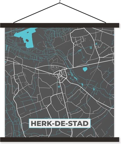 Posterhanger incl. Poster 60x60 cm - Schoolplaat - Kaart – Plattegrond – Stadskaart – Herk de Stad – België - Grijs - Textielposter - Zwarte latten - Stadskaart