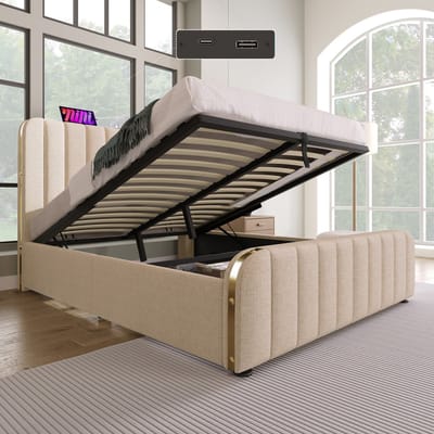 SINGULARITY-Gestoffeerd tweepersoonsbed- hoofdbord met gouden sierstrepen en USB Type-C 140 x 200 cm- hydraulisch opbergbed- zonder matras