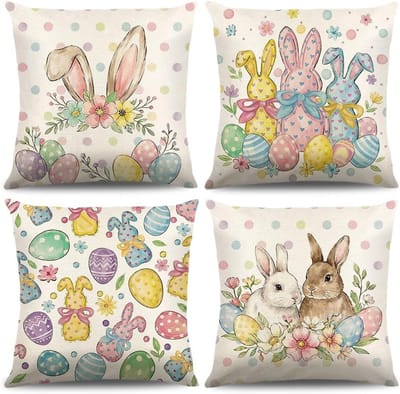 Set van 4 Paaskussenslopen 40 x 40 cm Linnen Kussenslopen met Bloemen en Konijn Motief voor Sofa en Slaapkamer, Perfecte Lente Decoratie