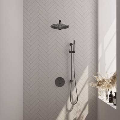 Brauer Gunmetal Edition thermostatische inbouw regendouche 3-weg rond SET 86 met 30 cm douchekop en rechte muurarm en staaf handdouche en doucheslang en geïntegreerde glijstang gunmetal geborsteld PVD
