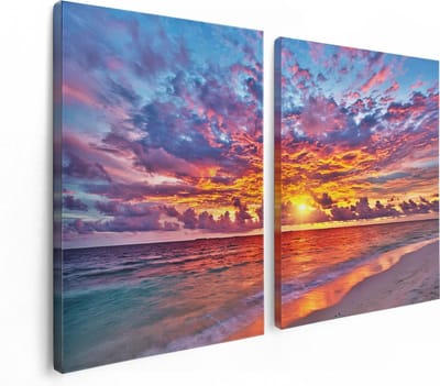 Artaza Canvas Schilderij Tweeluik Zonsondergang Op Het Strand In De Malediven - 120x80 - Foto Op Canvas - Canvas Print