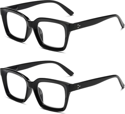 Set van 2 Leesbrillen voor Volwassenen - Grote Zwarte Brillen met Voorjaarsgevechten en Blauw Lichtfilter