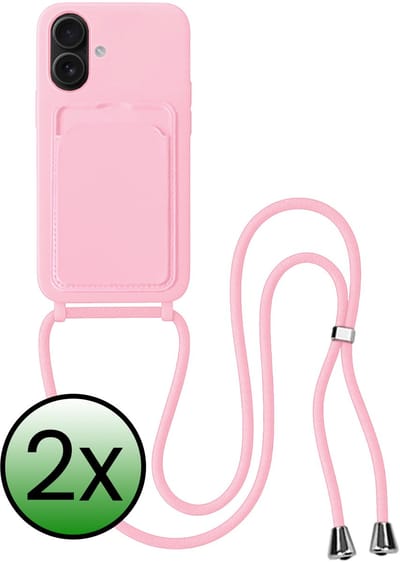 Hoes Geschikt voor iPhone 16 Plus Hoesje Pas Houder Case Hoes Met Koord - Hoesje Geschikt voor iPhone 16 Plus Hoes Met Telefoonkoord Pasjeshouder Cover - Lichtroze - 2 Stuks