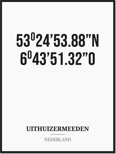 Poster/kaart UITHUIZERMEEDEN met coördinaten