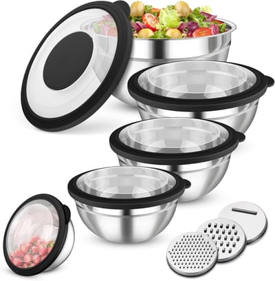 Mixkommen Set met Deksel en Raspaccessoires - 5-delige Zwarte Keukenaccessoires voor Bereiden en Serveren