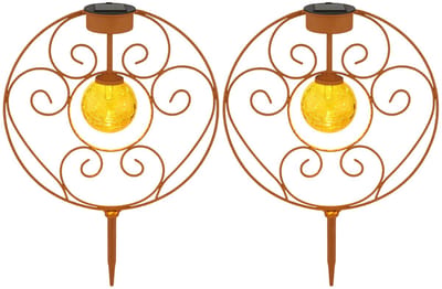 Solarlamp oosterse glazen bol roestkleurige decoratieve lamp tuinlamp grondspies solarlamp metaal voor buiten, 1x LED 0,06W warm wit, LxBxH 30x8,5x41 cm, set van 2