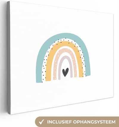 Kinderkamer decoratie - Canvas kids - Regenboog - Meiden - Jongens - Pastel - Hartje - Canvas schilderij kinderen - Wanddecoratie kinderkamers - 40x30 cm