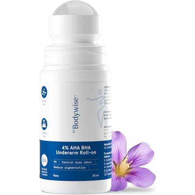 Be Bodywise 4% Aha Bha Roll-on voor Onderarmen, 2% Melkzuur, 1% Amandelzuur en 1% Salicylzuur, 0% Alcohol & 0% Aluminium, Flora Geur, 50 ml white