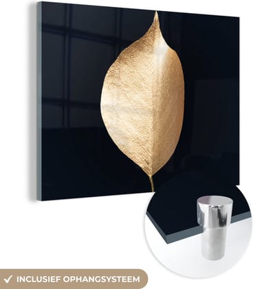 MuchoWow® Glasschilderij 160x120 cm - Schilderij acrylglas - Bladeren - Goud - Zwart - Planten - Luxe - Foto op glas - Schilderijen