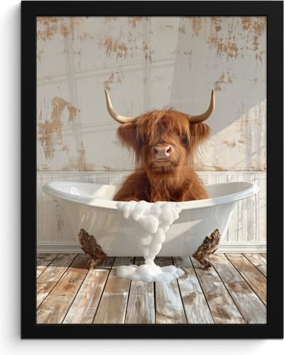 Poster in lijst - Fotolijst 30x40 cm - Posters - Schotse hooglander - Badkuip - Vintage - Koe - Posterlijst zwart - Wanddecoratie badkamer - Muurdecoratie WC - Decoratieve accessoires - Toilet muur decoratie