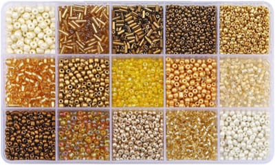 Mix 15 gekleurde glazen rocailles, buiskralen, glazen bugelkralen, losse kit voor het maken van sieraden, doe-het-zelf knutselkralen (mix 15 kleuren, goud)