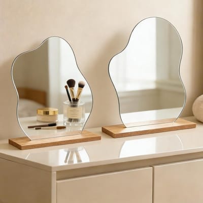 Frameloze Acryl Make-up Spiegel Set van 2, Irreguliere Vorm met Houten Basis voor Slaapkamer, Badkamer en Woonkamer Decoratie en Make-up Gebruik