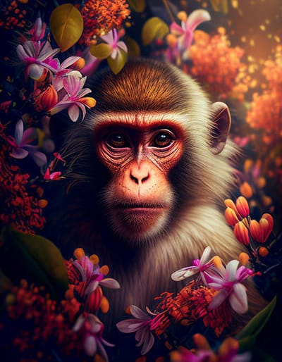 AI - Woondecoratie - Poster - Dieren - Aap - Bloemen en jungle - 40 - 30 x 40 cm