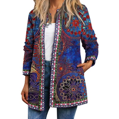 Cardigan imprimé Vintage pour femmes, manches longues, poches, veste ample décontractée, manteau, vêtements d'extérieur Medium bleu clair