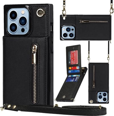 Multimedia & Accessoires Stijlvolle Leren Fashion Backcover Case Hoesje met Koord, Stand Ritsvak en Pasjeshouders geschikt voor Apple iPhone 15 Pro - Zwart